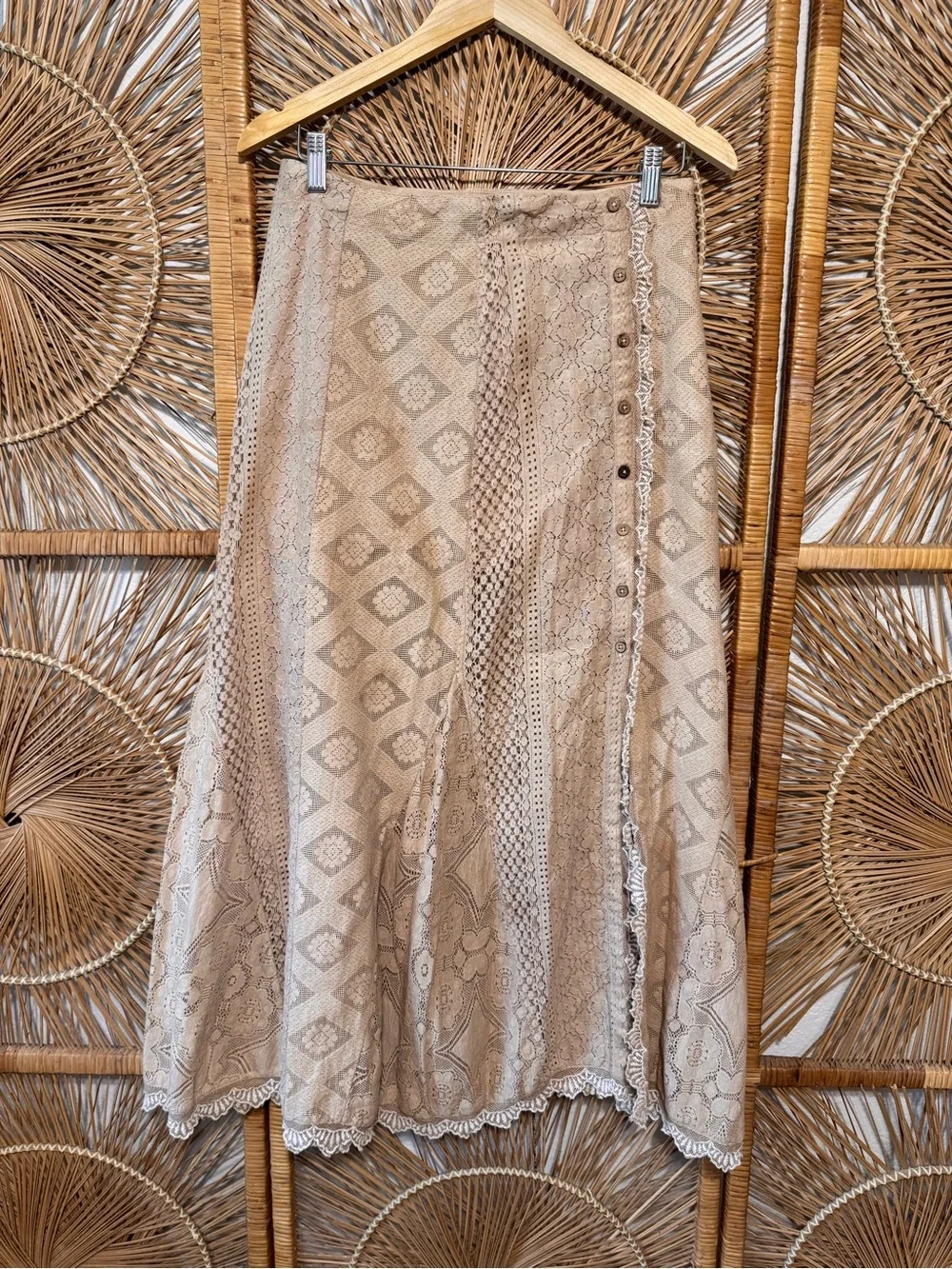 Free People Set| OOAK Hand Tea Dyed by me| Boho Lace Maxi Skirt - Beige| Sz: 2 - Picture 9 of 16